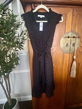 LOFT Black Polka Dot Tie-Waist Midi Dress with Ruffle Trim